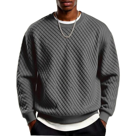 Coofandy Men Dark Grey Crewneck Geometric Texture Long Sleeve Sweatshirt - Picture 1 of 5